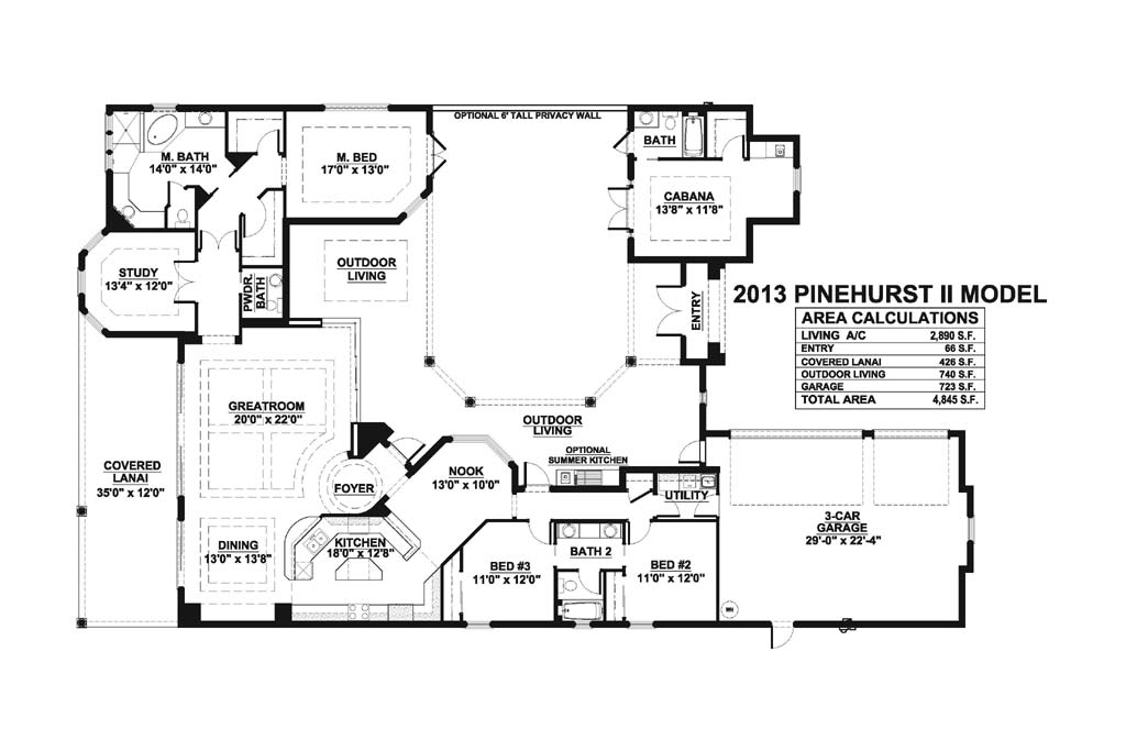 Pinehurst II Floor Plan in Majorca, Stock Construction, 3 bedroom, 2 1/2 bath, cabana bedroom w/ bath, great room, dining room, study, screened covered lanai, courtyard, 3-car garage